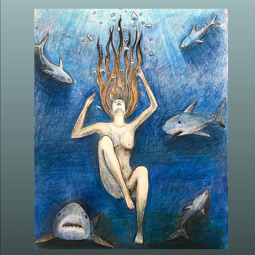 “Feeding Sharks” Original Drawing. Pencils and pen on paper.